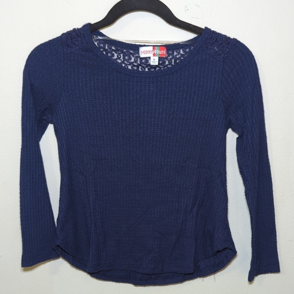 3 for $10 Bundle Sale! Merry Wear Blue Waffle Knit Sweater Lace Girls Size M - Picture 1 of 4
